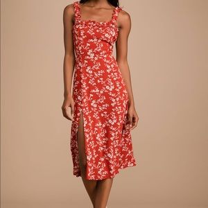 Lulu’s Garden Date Red Orange Floral Print Ruffle Midi Dress size Medium